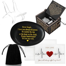 Xzyden Happy Anniversary Rock, für Ihn, Hochzeit, Jahrestag, Geschenke für Paare, mit dekorativen Steinen, schwarzem Samtbeutel und Spieluhr, romantisches Geschenk für sie