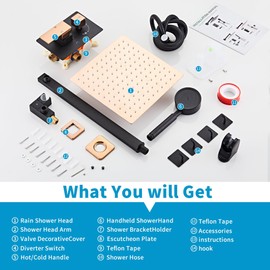 RTTWYYUU Black Gold Rainfall Shower Head, Wall Mounted 8 Inch Shower Heads with Handheld Spray Combo, Luxury Bathroom Square Rain Shower System, Solid Brass Pressure Balancd Shower Faucet Valve