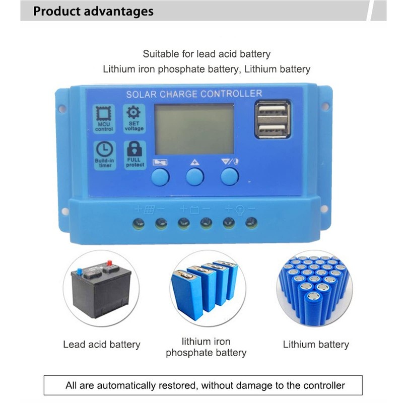 Solar Panel Controller, Blue Parameter Adjustable LCD Display PWM MPPT