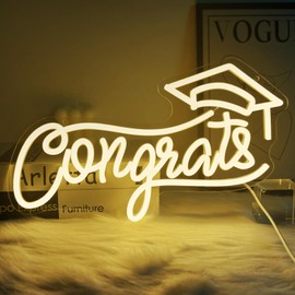 Congrats Grad Neon Sign with Graduation Cap, 14.5 * 8.5 Inch Warm White Grad Light Up Sign for Wall Decor, Graduation Party Decorations Class Room, Congratulations Letter Background Decor, USB Power