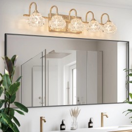 29\" Modern Crystal Bathroom Vanity Light Elegant Wall Mount Lighting with 5 Golden Wall Sconce Clear Glass ShadesMaterial: Iron, Color: Gold Color