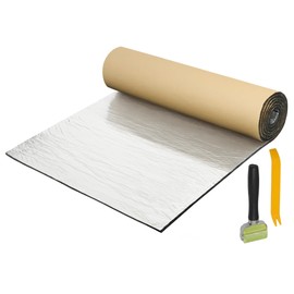 X AUTOHAUX 1 Set 394mil 10mm 10.76sqft Car Sound Deadening Mat with Roller Removal Tool Aluminum Foil Foam Heat Shield Material for Hood Fender 39.37"x39.37"
