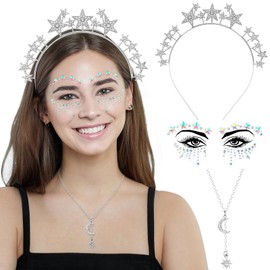 LEACCO Headband Stars Silver Women's Glitter Headband with Stars Rhinestone Face Tattoo Necklace Carnival Hair Accessories Headdress Stars Silver Headband Glitter Headband for Women Girls