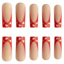 Valentine's Day French Press on Nails Long Square Red Nail Tips Love Heart Design Fake Nails Glossy Nude False Nails with Glue on Nails Artificial Nails Reusable Stick on Nail for Women Manicure