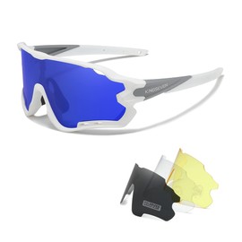 Kingseven Polarised Cycling Glasses for Men Women Bicycle MTB Road Bike Sunglasses with 4 Interchangeable Lenses LS-911 (White/Blue)
