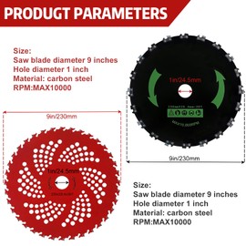 V-chen 9" x36T Teeth Carbide Tipped Blades ＆ 9" x20T Chainsaw Tooth Brush Cutter Blade with Universal Adapter Kit for Weed Eater, Cutter(Black＆Red)