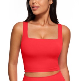 CRZ YOGA Butterluxe Womens Square Neck Longline Sports Bra - Workout Crop Tank Tops Padded Yoga Camisole with Built in Pads Deep Red Large