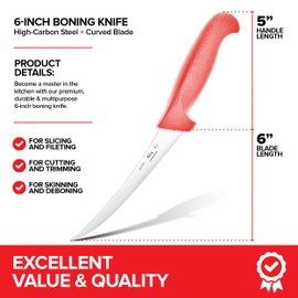 Modern Innovations 6 Inch Boning Knife, Ultimate Culinary butchers knife, Red Plastic & Stainless Steel Curved Boning Knife for Meat Cutting, Deboning & Filleting with Ultra-Sharp Stiff Blade
