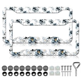 Watercolor Flower License Plate Frames - 2 Pack Black Beautiful Flower License Plate Holder, Stainless Steel Rust-Proof Waterproof Car Decorative Tag Frame with Screws Fasteners Caps