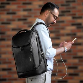 lenzn Durable Leather Laptop Business Backpack Perfect for Men & Women, Work Backpack Fits 15.6 Inch, Premium Quality Travel Bag with USB Charging Port, Water-Resistant, Bookbag with Multiple Pockets