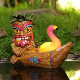 Yiosax Solar Tiki Statue Outdoor Decor-Tiki Bar Decor -Outdoor Tiki Statue Decoration for Garden,Lawn,Balcony,Yard,Tiki Flamingos Boating Hawaiian Tropical Decor Figurine Gift