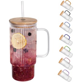 32oz Ribbed Glass Cup with Handle Bamboo Lid and Straw, Glass Tumbler, Iced Coffee Cups Hot/Cold Drinks