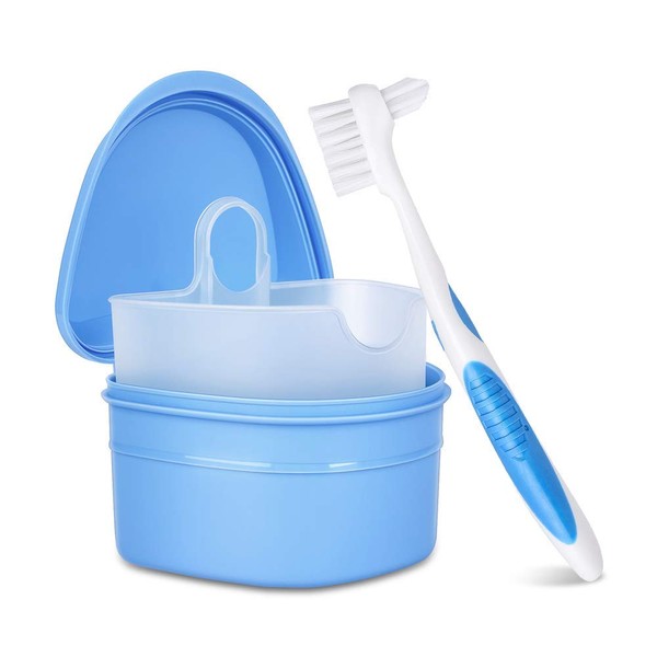 Y-Kelin Denture Cleanning Set Denture Cleaning Case with Denture Brush, Blue