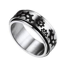 Bestyle Men Steel Fidget Rings Rotating Anxiety Rings with Gear Pattern Hip Hop Rings for Biker Rapper Size 10