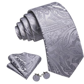 Barry.Wang Silver Grey Tie for Men Paisley Silk Necktie Pocket Square Cufflinks Set Formal Wedding Party Business