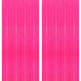 2 Pack Fluorescent Macaron Fuchsia Foil Fringe Curtains, Glow in The Dark Party Supplies Photo Booth Prop Tinsel Party Streamer Backdrops, Birthday Party Decor Decorations, 3.3x6.6 ft