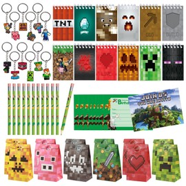 KEVRDRT Miner Video Game Party Bag Miner Pixel Party Bag Children with Pencil Invitation Cards Key Ring Gift Bags Notebook, Video Game Children's Birthday Party Favours
