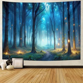 BCughia Wall Hanging 240 x 220 cm, Tapestries Night of the Forest Trees Green Nature Landscape Print Polyester Fabric Tapestry Wall Hangings Decoration