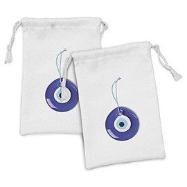 Lunarable Evil Eye Fabric Pouch Set of 2, Oriental Bead Design Luck Charm of Turkish People, Small Drawstring Bag for Toiletries Masks and Favors, 9" x 6", Pale Blue Navy Blue