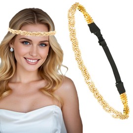 Aprince Rhinestone Headband for Women, Gold Rhinestone Headpiece, Adjustable Crystal Headbands for Women, Bling Diamond Headband, Thin Elastic Headbands Sparkly, 70s Gold Diamond Head Piece