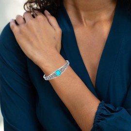 DOLIOX Genuine Turquoise Vintage Lotus Flower Bracelet, Sterling Silver Boho Adjustable Cuff Bangle Native American Jewelry for Women, Fit for 6.5 7 7.5 Inches