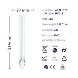 Aqua-Terra Lighting 11W Pond Filter bulbs 2 PACK – UVC ultra violet bulbs for Filters & Clarifiers – Germicidal G23 2pin PLS lamp base for replacing UV bulbs in garden pond filters