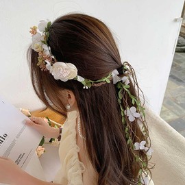 Bohemian Flower Crown Headband Floral Headpiece Wreath Wedding Forest Vine Crown for Bridal Wedding Festival Vacation Fairy Party Cosplay Photography Props (White, One size)