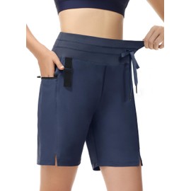 MIVEI - Pantalones cortos para mujer, de 7 pulgadas, sin forro, cintura alta, control de abdomen, pantalones cortos largos para senderismo, atletismo, UPF 50, bolsillos con cierre de secado rápido, marino, M