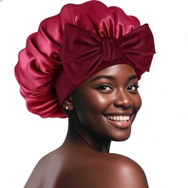 Silk Bonnet For Sleeping Women - Double Layer Satin Bonnet With Tie For Curly Hair, Luxury Hair Bonnet Large Size Sleeping cap 2PCS Burgundy Red