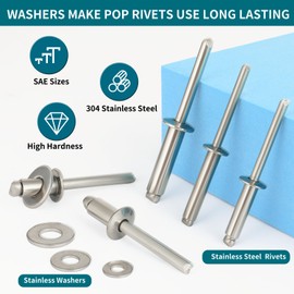SATANTECH 450Pcs 304 Stainless Steel Pop Rivets with Washers Assortment Kit,1/8" 3/16" 1/4" Assorted Blind Rivets 8 SAE Sizes,DIY/Home/Automotive Repairs