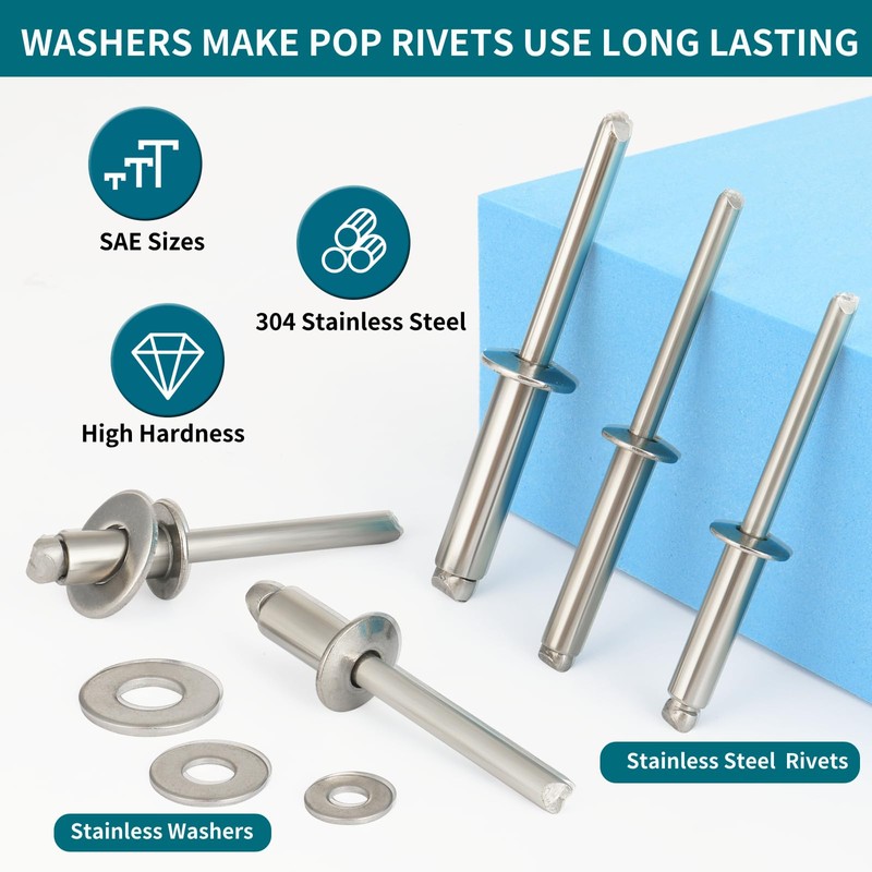 SATANTECH 450Pcs 304 Stainless Steel Pop Rivets with Washers Assortment