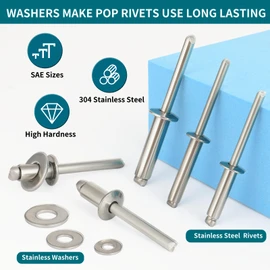 SATANTECH 450Pcs 304 Stainless Steel Pop Rivets with Washers Assortment Kit,1/8" 3/16" 1/4" Assorted Blind Rivets 8 SAE Sizes,DIY/Home/Automotive Repairs