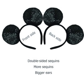 CHuangQi Mouse Ears Double-sided Sequin Hair Band (Set of 2), Glitter Large Bow Headband, Princess Party Decoration (Black Sequins without Bow)