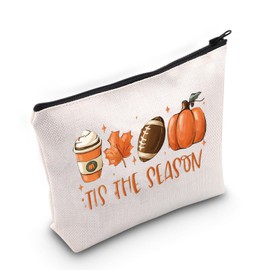 TOBGBE Tis The Season Inspired Gifts Pumpkin Leaf Latte Thanksgiving Football Zipper Make up Travel Bag (Tis The Season CA)