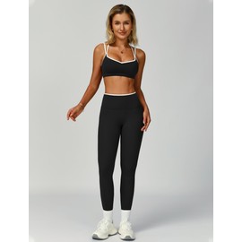 2 Piece Workout Sets for Women Cami Straps Cross Back Color Block Sports Bras Matching High Waist Tummy Control Leggings Clothes Womens Two Piece Athletic Set Gym Wear Active Yoga Outfit Black M