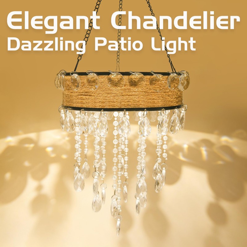 Solar Outdoor Hanging Chandelier, Waterproof Rustic Rattan Hanging Light with