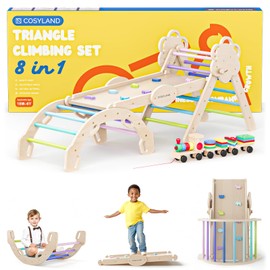 COSYLAND Pikler Triangle Set 8 in 1 - Adjustable 3-Level Montessori Climbing Toys for Toddlers 18M-6Y, Foldable Wooden Indoor Jungle Gym & Playground with Train Toy & Gift Box, Cool Tones