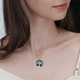 Agvana Sterling Silver Tree of Life Necklace for Women Genuine Black Onyx CZ Dainty Family Tree Pendant Anniversary Jewelry Birthday Gifts for Women Mom Grandma Wife Daughter