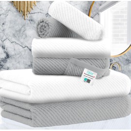 VOOVA & MOVAS Bathroom Towel Set - 100% Cotton | Soft | Quick Dry, Towel Set of 6, 2 Large Bath Towels 30"x56", 2 Hand Towels 18"x28", 2 Washcloths 13"x13", Bathroom Essentials, Grey and White