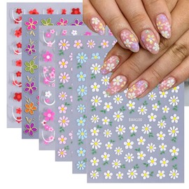 Flower Nail Stickers 3D Self-Adhesive Yellow Floral Nail Art Stickers Pink Daisy Nail Decals Red Flower Nail Designs Green Leaf Summer Nail Art Decoration for Women Girls Manicure 6 Sheets