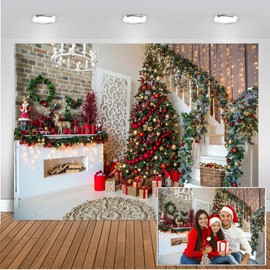 CHAIYA 7x5FT Christmas Photography Backdrops Christmas Fireplace Decoration Background Xmas Tree Gift Holiday Party Decoration Children Family Xmas Party Banner
