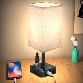 COZOO Bedside Table Desk Lamp with 2 USB Charging Ports and 2 Outlets,Charger Base with White Fabric Shade,LED Table Lamp for Bedroom/Nightstand/End Table/Living Room (Flaxen)