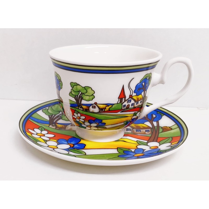 Village Art Deco Tea Cup & Saucer Fine Bone China
