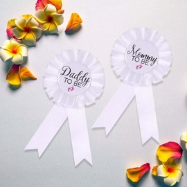 CoolerthingsDG, Daddy to be & Mommy to be Tinplate Badge Pin - Baby Shower Button New Dad Gifts Gender Reveals Party Baby Girl White Rosette Button Baby Celebration (White, pink footprint)