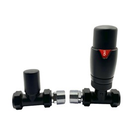 Oslo Black Straight Designer TRV Thermostatic Radiator & Towel Rail Valve Oslo Straight Black TRV and Lock Shield Valve Set 1/2" - 15mm