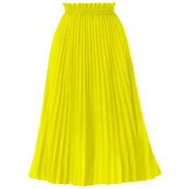 GOOBGS Women's Pleated A-Line High Waist Swing Flare Midi Skirt Yellow Small/Medium