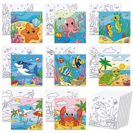 8 Packs Pre Drawn Canvas for Painting, 8" X 8" Ocean Pre Printed Canvas for Kids, Pre Stretched Canvas Outline Painting Boards for Beginners Students, Party Favor
