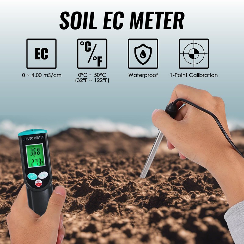 Digital Soil Meter with Corde Sensor, 2-in-1 Soil EC &