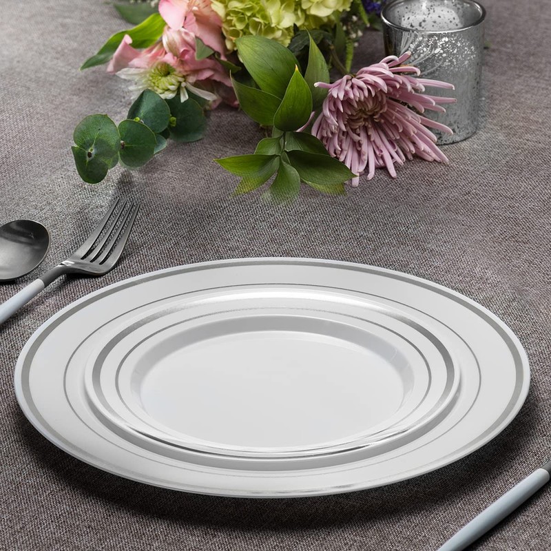 SETUP [60 Piece Combo Silver Trim Plastic Plates - Premium