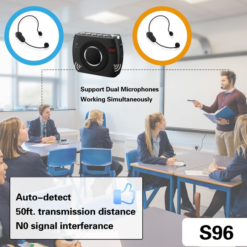 25W Wireless Voice Amplifier with Two Bluetooth Headset Microphones, High
